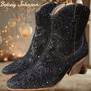 BETSEY JOHNSON BLACK SPARKLE STONE COWBOY ANKLE BOOTS -8 🖤🔥